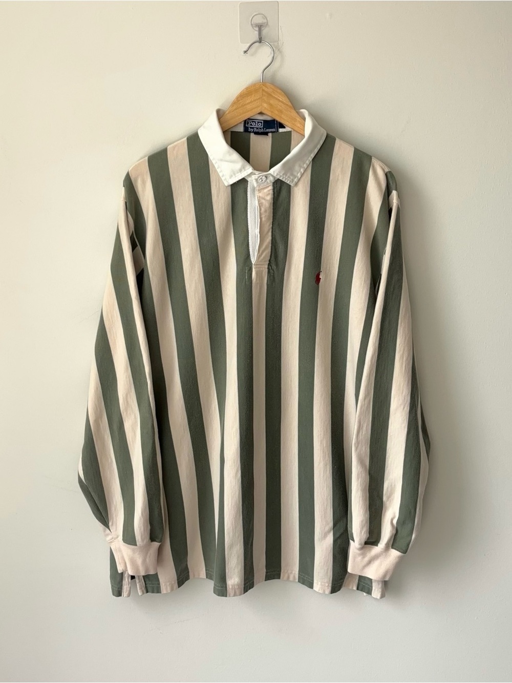 Vintage Polo Ralph Lauren Vertical Stripe Rugby Shirt Men’s XL Green Cream